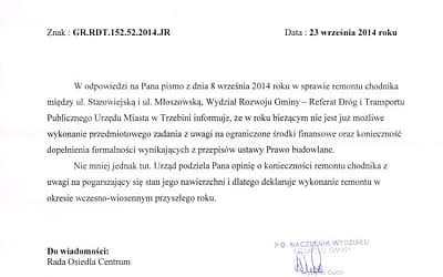 Odpowiedź UM ws. stanu chodnika przy ul. Młoszowskiej a Starowiejskiej w Trzebini