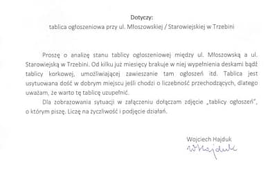 Pismo do Urzędu Miasta ws. tablicy ogłoszeń przy ul. Starowiejskiej i Młoszowskiej w Trzebini