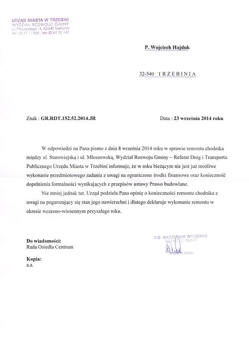 Odpowiedź ws. chodnika