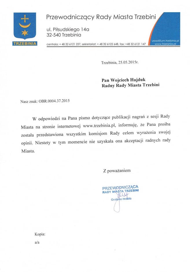 pismo ws. nagrań sesji