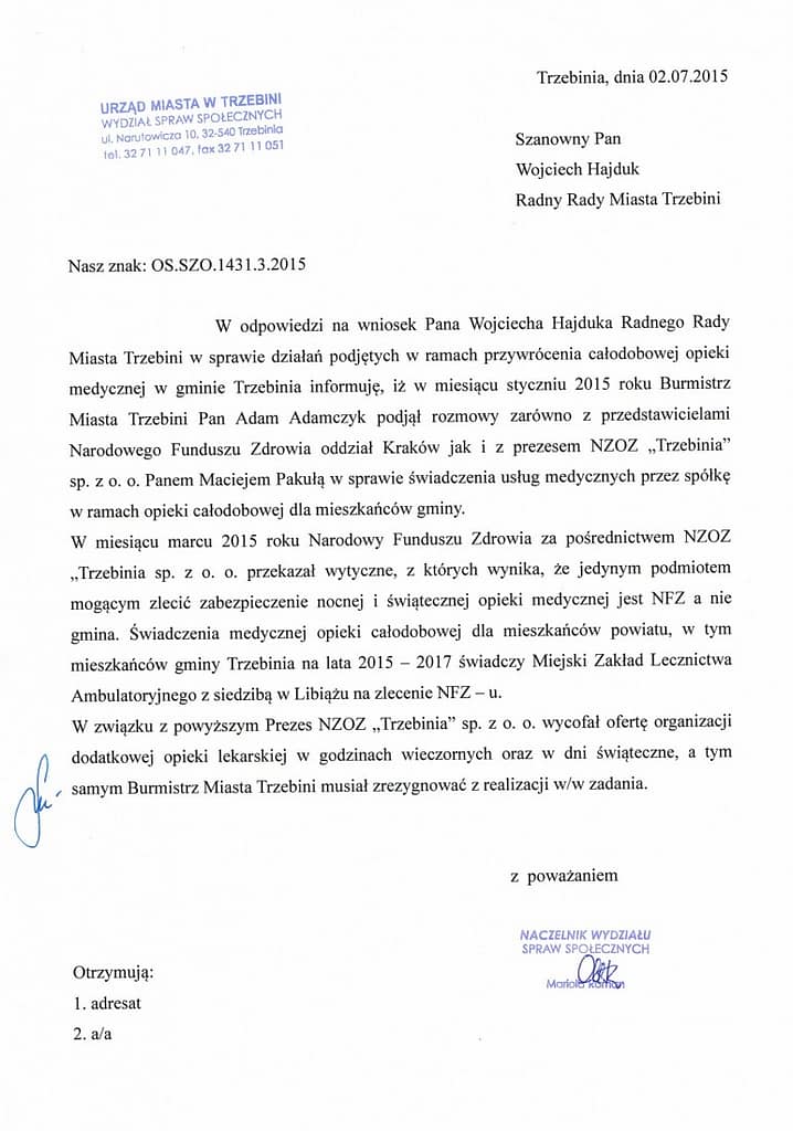 odpowiedź ws. działań o przywrócenie całodobowej opieki medycznej